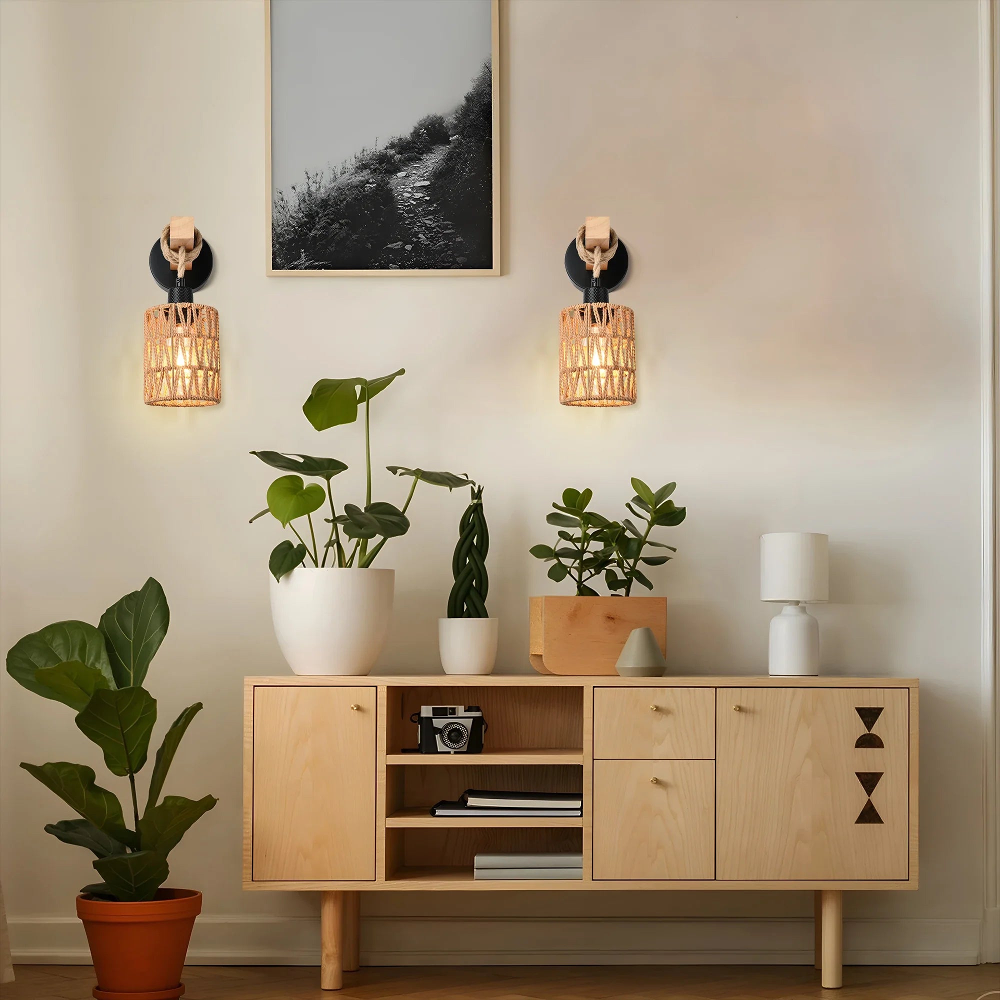 Fácil instalação arandelas de parede de rattan luzes de parede com regulável boho montagem na parede luminárias de vime lâmpada de parede para o berçário do quarto