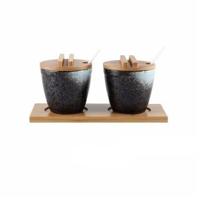 Conjunto de Potes de Cerâmica para Temperos com Tampa de Bambu