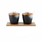 Conjunto de Potes de Cerâmica para Temperos com Tampa de Bambu