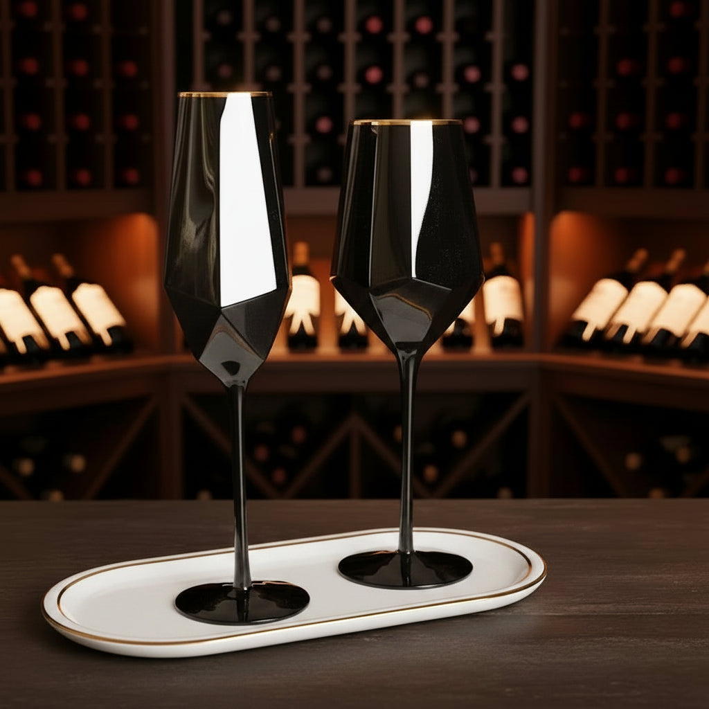 Taça de Cristal Black com Borda Dourada para Vinho – Design Minimalista