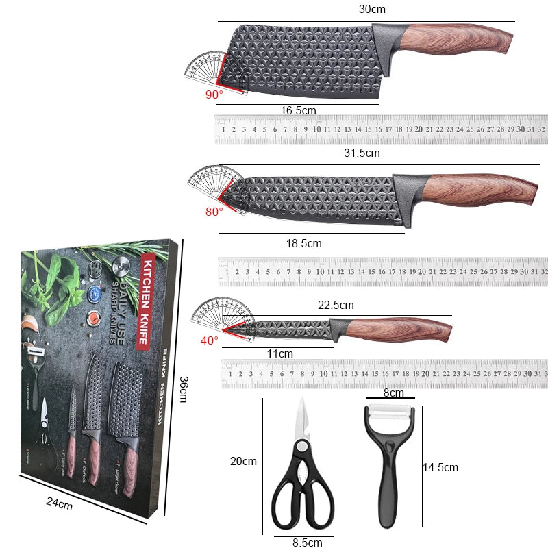 Jogo de Facas de Cozinha 5 Peças em Aço Inox com Revestimento Antiaderente, Faca de Chef, Tesoura, Descascador e Cabo de Madeira