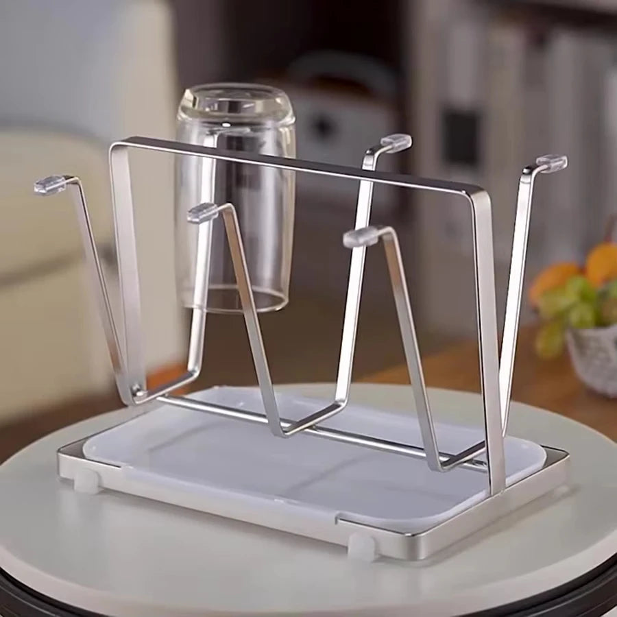 Rack de drenagem de copos com 6 espaços, material de aço inoxidável, suporte de copo, copo de vidro, rack de armazenamento, barra de cozinha, organizador de copos de mesa