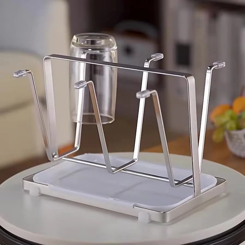 Rack de drenagem de copos com 6 espaços, material de aço inoxidável, suporte de copo, copo de vidro, rack de armazenamento, barra de cozinha, organizador de copos de mesa
