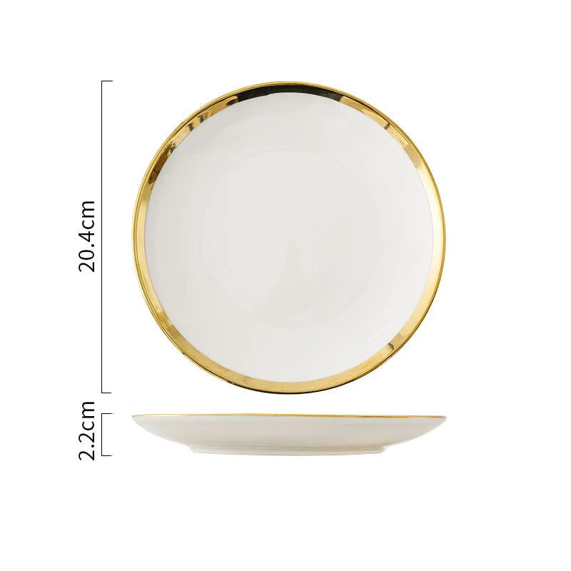 Prato de Porcelana Redondo com Borda Dourada Estilo Europeu