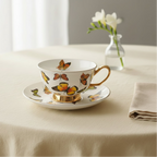 Conjunto de Xícara de Café em Porcelana com Pires Floral e Borboleta - 220ml