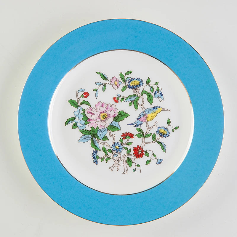 Prato Decorativo de Porcelana Europeia com Flores e Pássaros para Salada e Refeições