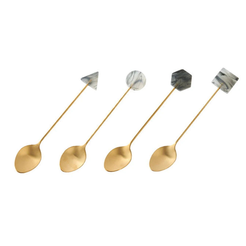 Conjunto de garfo de colher pequena de aço inoxidável, acrílico banhado a ouro, colheres geométricas, INS, café, agitação para chá, doméstico, 4pcs