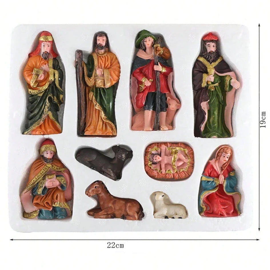 Conjunto de estatuetas de presépio de Natal com 10 peças, decoração de presépio de Natal, presentes, artesanato