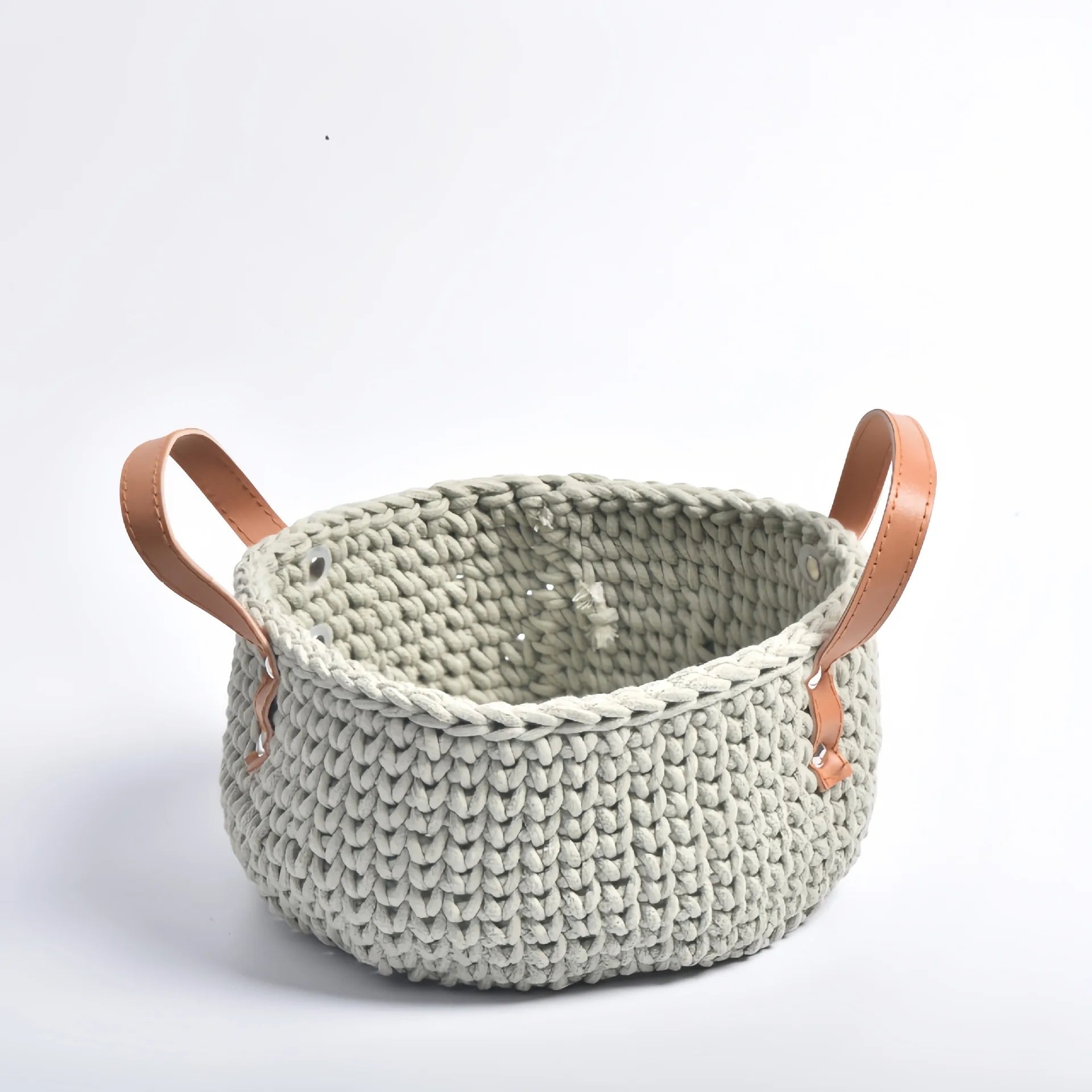 Cesta de armazenamento com alça de couro tricotada à mão, cesta de tecido de corda de algodão, cesta de armazenamento doméstico, desktop, cestas de flores criativas