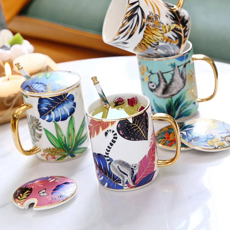 Conjunto de caneca de cerâmica de luxo com tampa e colher padrão animal xícara de café para leite água potável chá festa casa drinkware caixa de presente