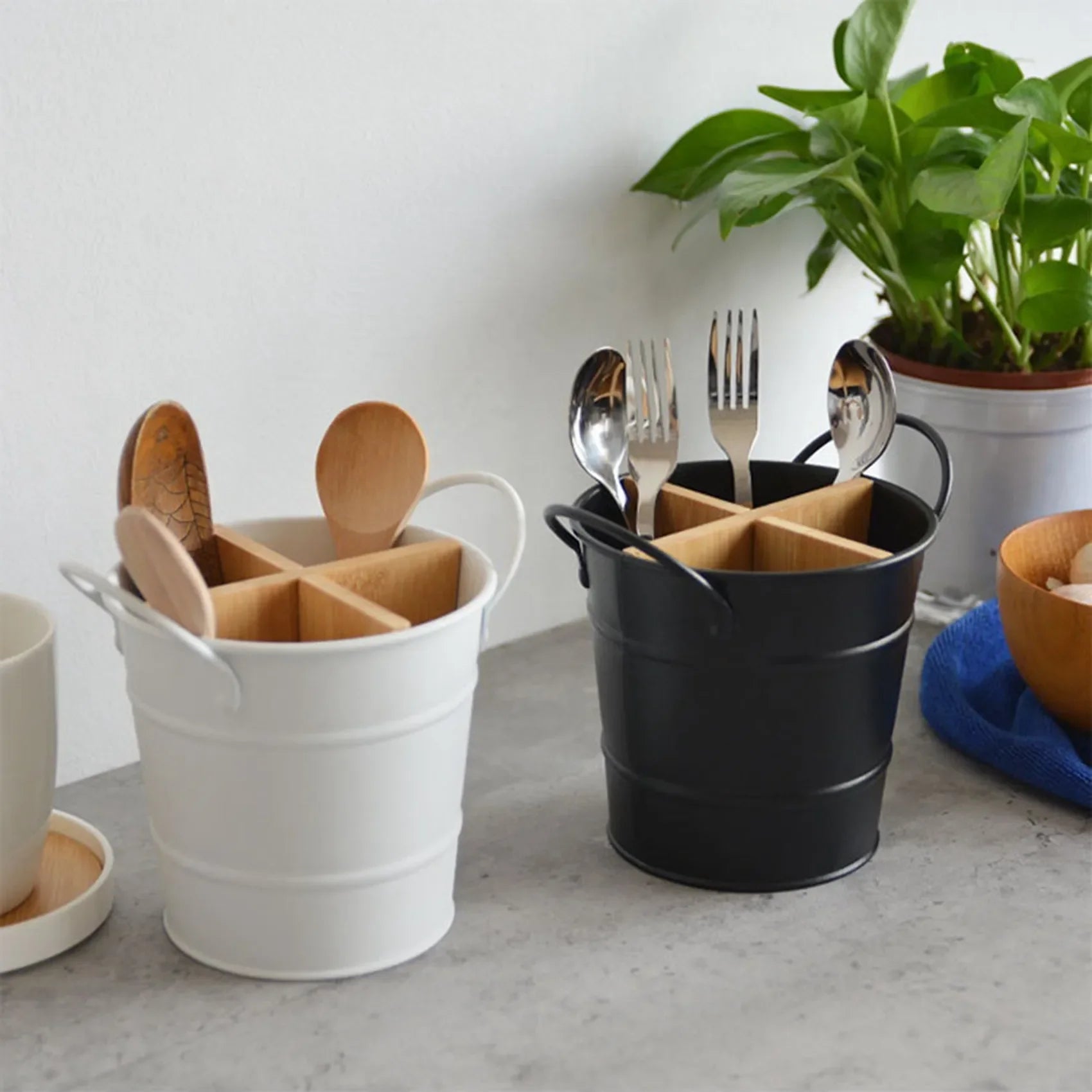 Organizador de Talheres em Aço Inox e Bambu