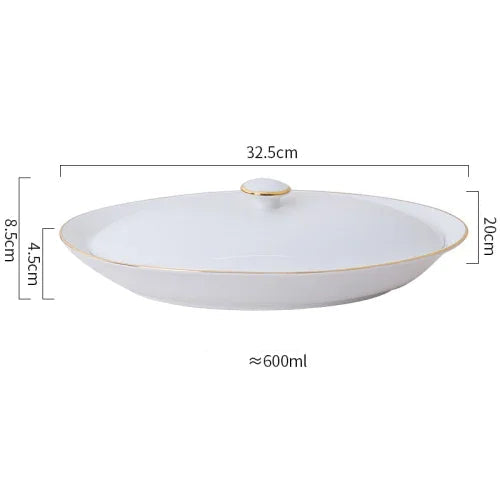 Travessa Oval de Cerâmica Luxo com Tampa e Acabamento Dourado Elegante