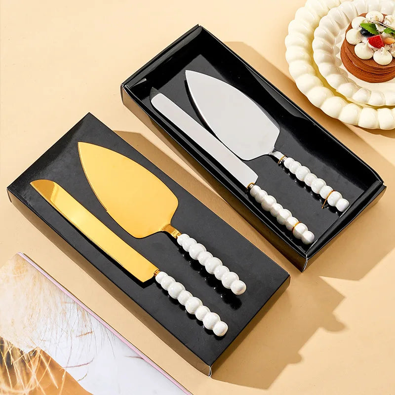 Conjunto de Faca e Espátula para Bolo Pérola em Aço Inoxidável