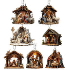 Pingente de natal ornamento jesus família cena de oração pingente brilhante colorido símbolo religioso natividade pingente para casa carro