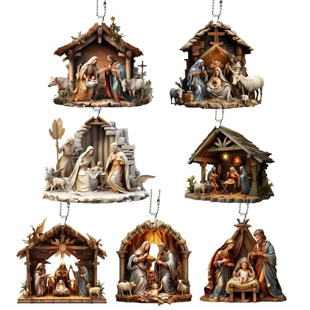 Pingente de natal ornamento jesus família cena de oração pingente brilhante colorido símbolo religioso natividade pingente para casa carro