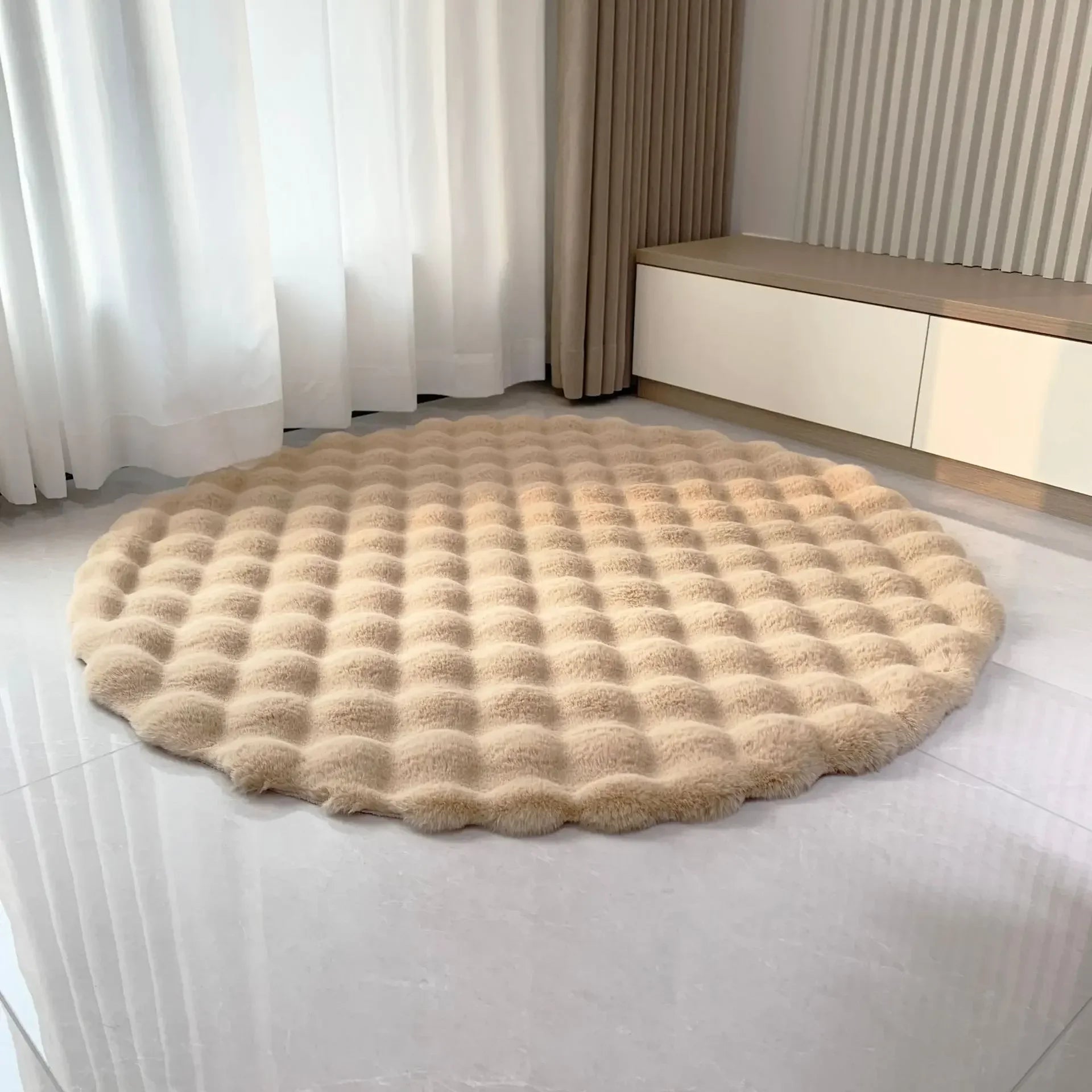 Coelho cabelo bolha veludo tapete redondo macio macio pelúcia imitação de pele crianças quarto almofada mesa café pé tapete decoração casa