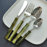 Conjunto de Talheres Clássicos em Aço Inox e Bambu - 4pcs
