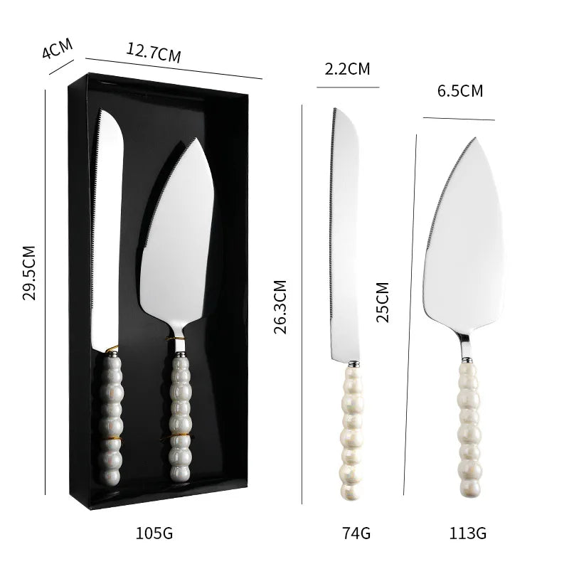 Conjunto de Faca e Espátula para Bolo Pérola em Aço Inoxidável