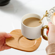 Kit Caneca Listrada Cerâmica e Madeira - 3pcs