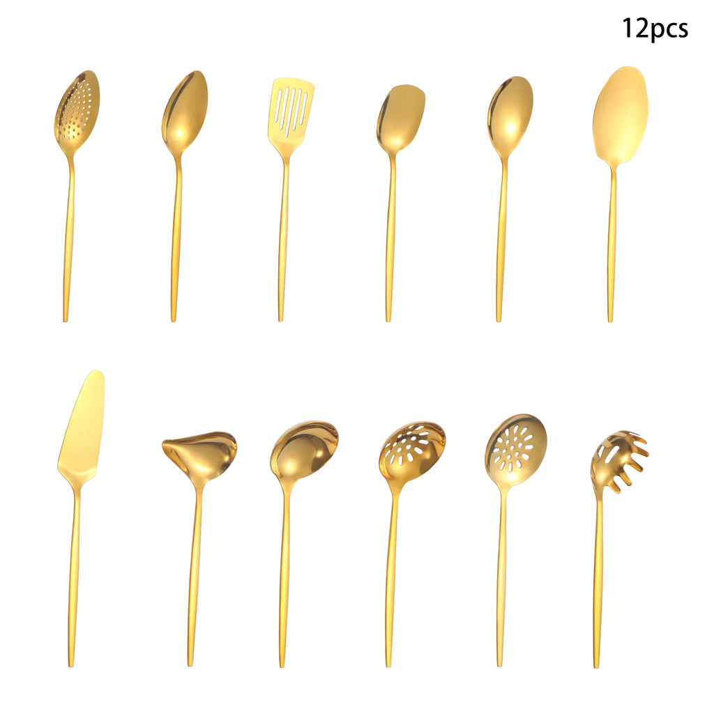 Conjunto de talheres públicos de aço inoxidável, 12 peças, escorredor, concha de sopa, bolo, pá, colher de óleo, adequado para hotel, restaurante, festa, buffet