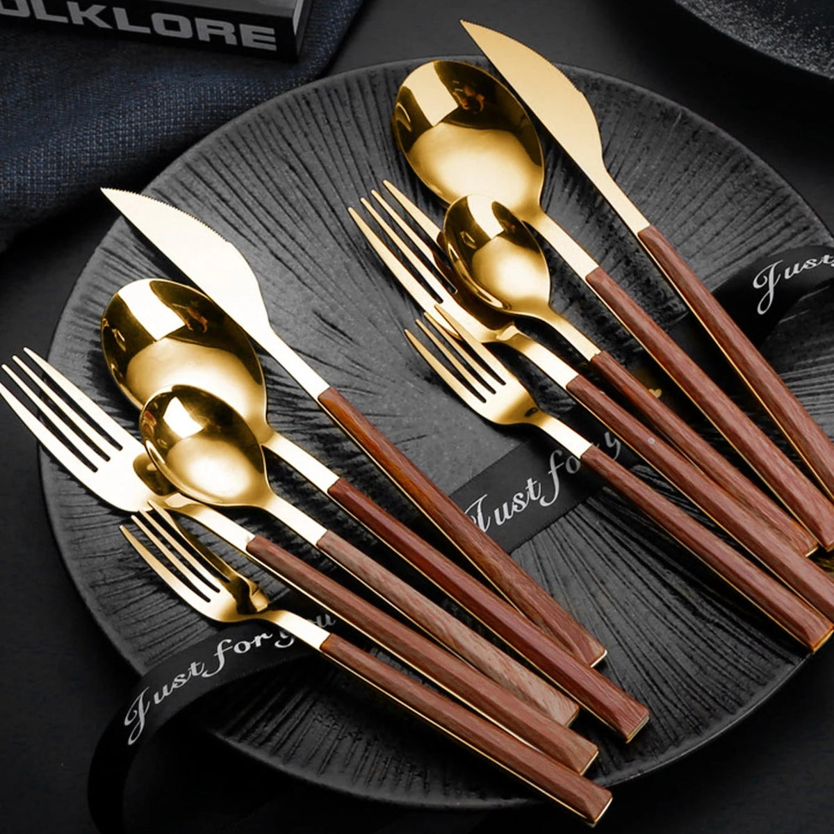Faqueiro Luxo em Aço Inoxidável Dourado e Prata com Cabo de Madeira 5 ou 10Pcs