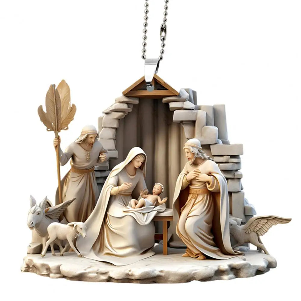 Pingente de natal ornamento jesus família cena de oração pingente brilhante colorido símbolo religioso natividade pingente para casa carro