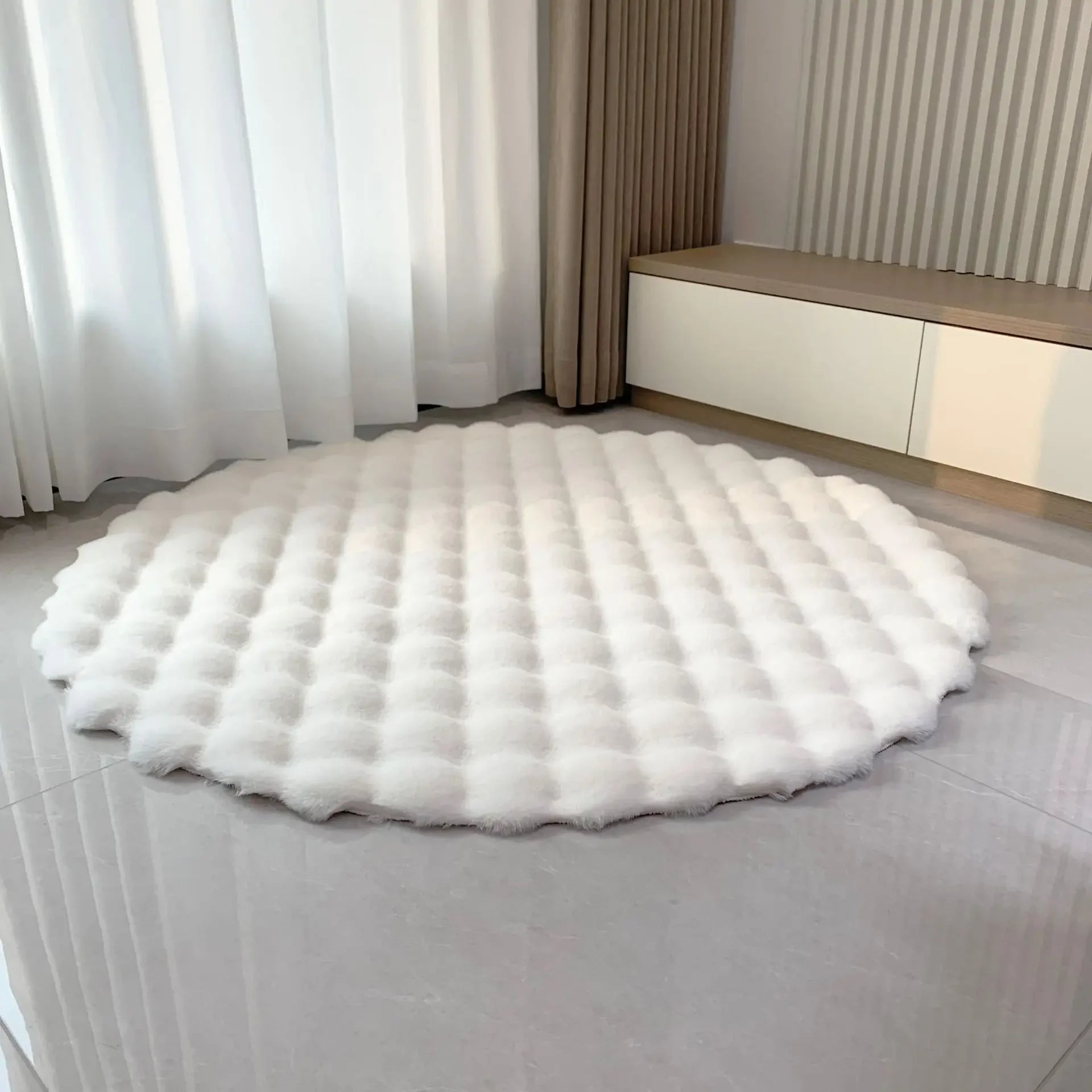 Coelho cabelo bolha veludo tapete redondo macio macio pelúcia imitação de pele crianças quarto almofada mesa café pé tapete decoração casa