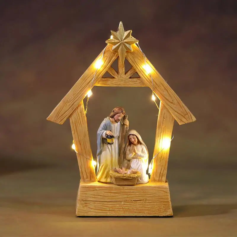 Natal presépio presépio mesa ornamento estável conjunto de natividade com luzes estátua da sagrada família manjedoura cena decoração para casa