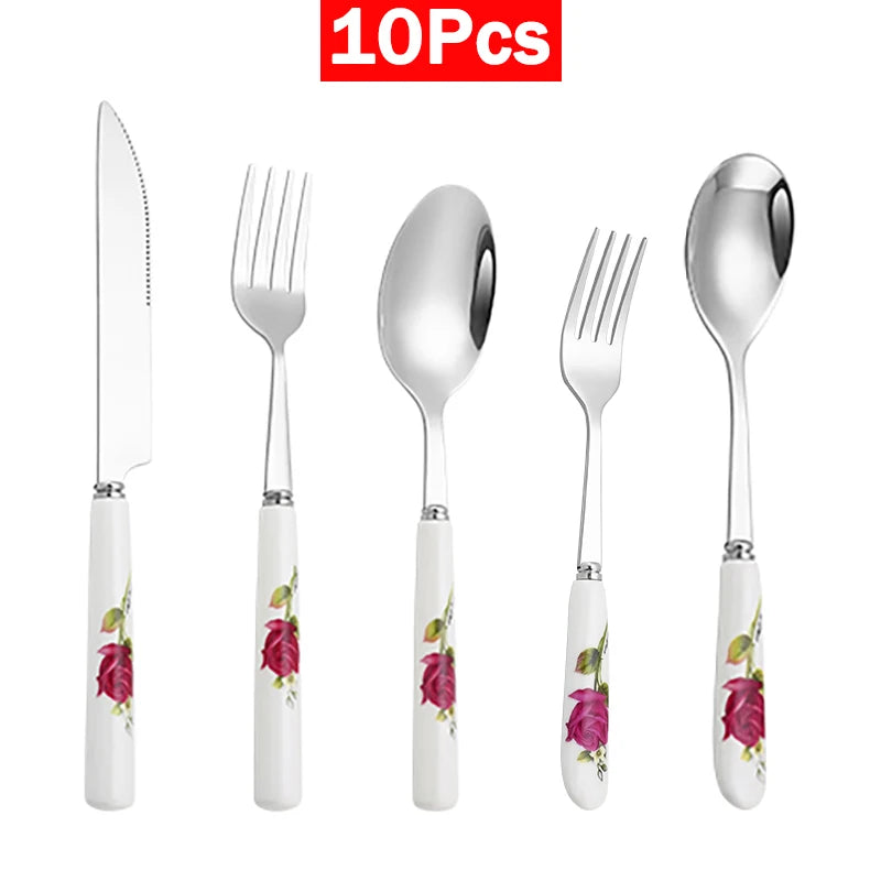 Conjunto Talheres Rosas Pintada 8 ou 10pcs
