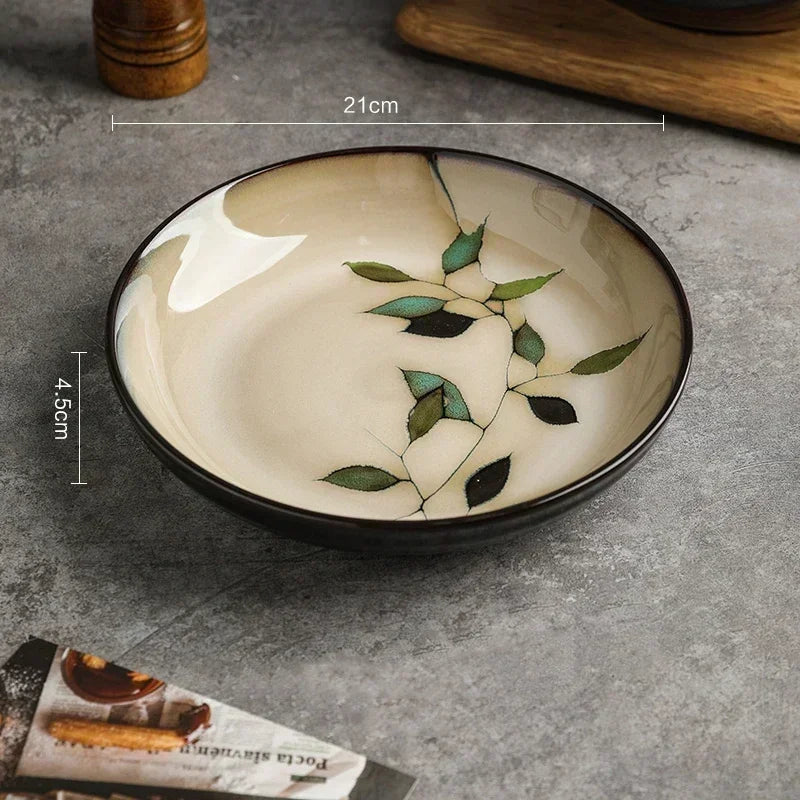 Folha criativa Rodada Prato De Jantar Conjunto, Retro Início Ramen Bowl, Luxo Restaurante Deliciosos Pratos, Placas De Cerâmica, Louça Requintada