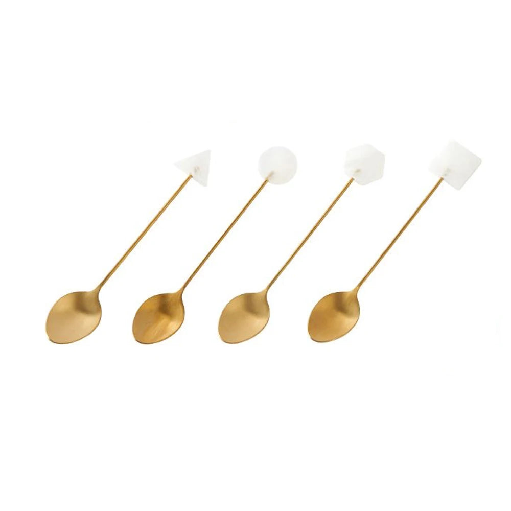 Conjunto de garfo de colher pequena de aço inoxidável, acrílico banhado a ouro, colheres geométricas, INS, café, agitação para chá, doméstico, 4pcs