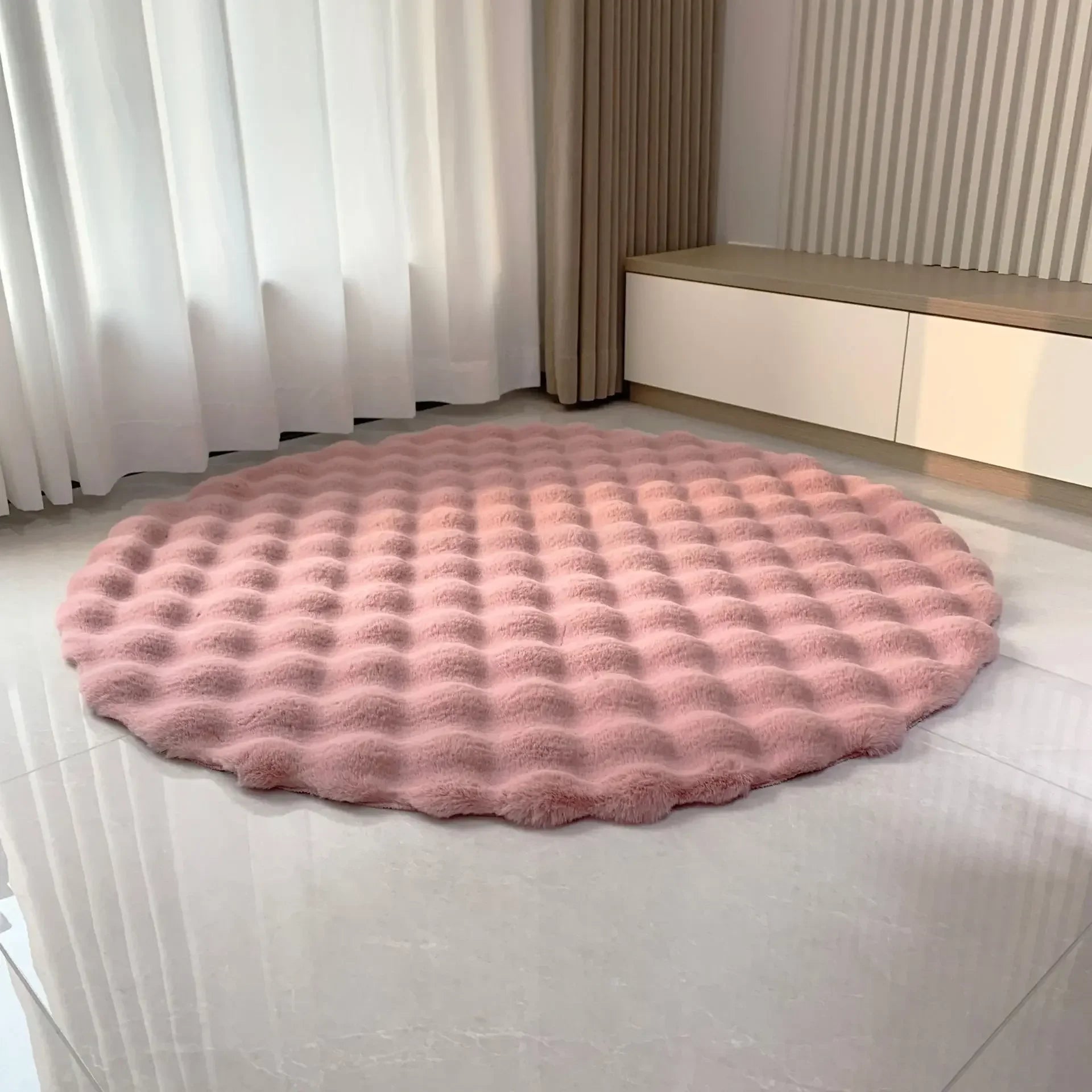 Coelho cabelo bolha veludo tapete redondo macio macio pelúcia imitação de pele crianças quarto almofada mesa café pé tapete decoração casa