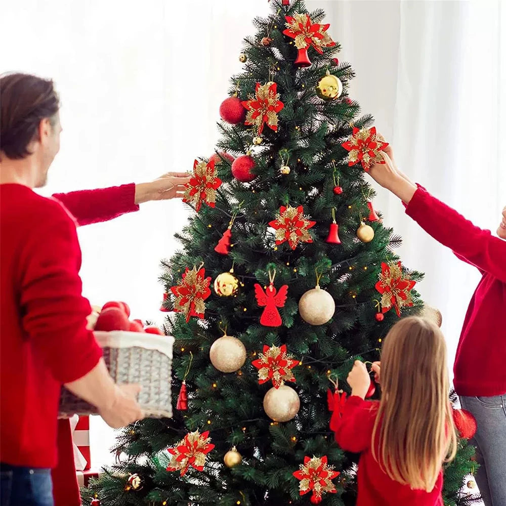 5/10 pçs 14.5cm ornamentos de flores de natal, rosa, vermelho, ouro, glitter flores artificiais para árvore de natal, decoração de natal para casa