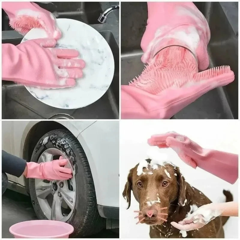 Luvas de Silicone para Limpeza e Lavagem de Louças com Esponja Esfregadora