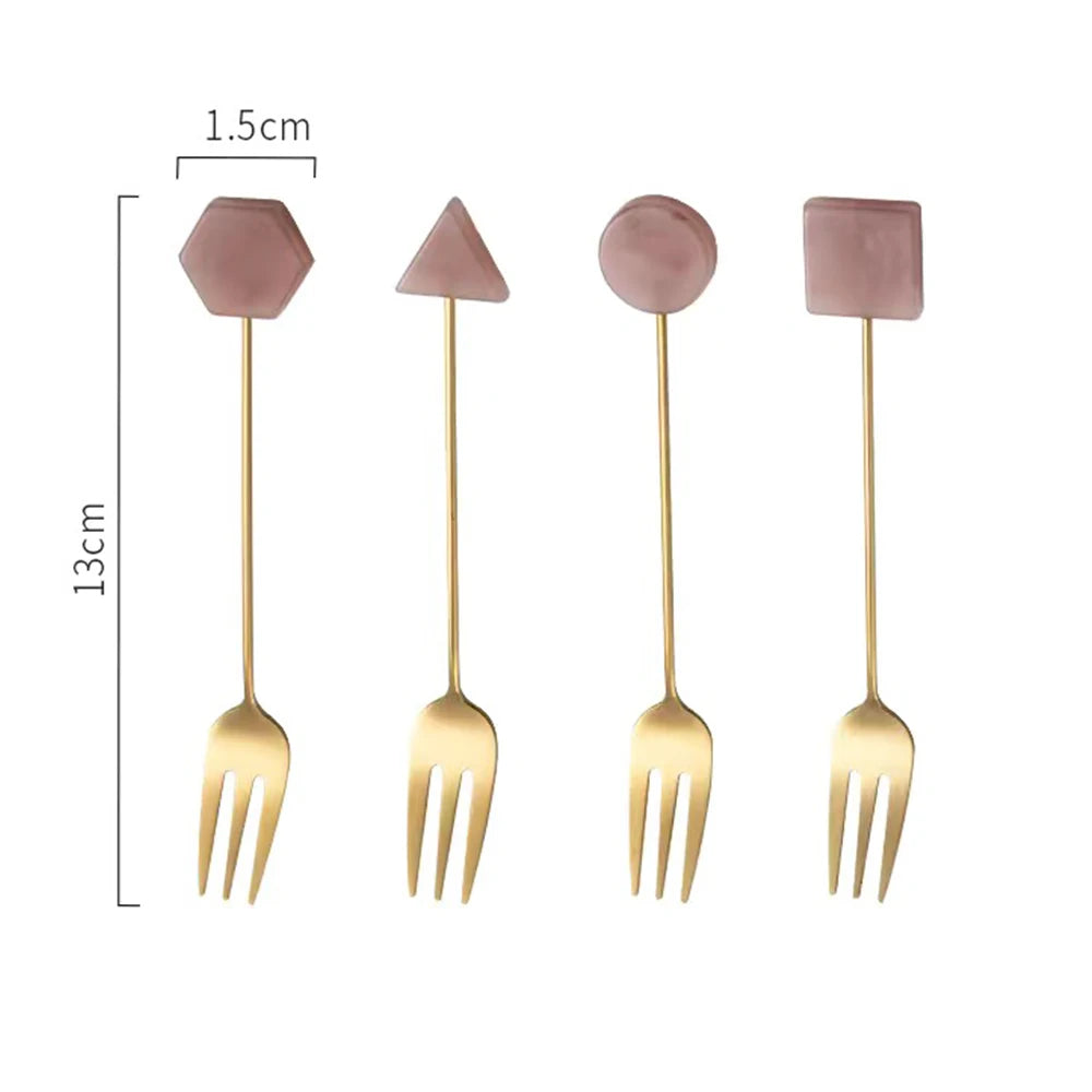 Conjunto de garfo de colher pequena de aço inoxidável, acrílico banhado a ouro, colheres geométricas, INS, café, agitação para chá, doméstico, 4pcs