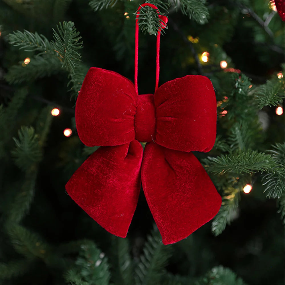 Decoração de arco de natal veludo vermelho arco nó enfeites pendurados diy árvores de natal pingente para decorações de festa em casa de férias