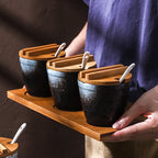 Conjunto de Potes de Cerâmica para Temperos com Tampa de Bambu