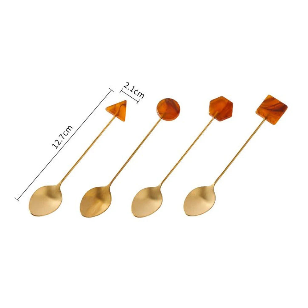 Conjunto de garfo de colher pequena de aço inoxidável, acrílico banhado a ouro, colheres geométricas, INS, café, agitação para chá, doméstico, 4pcs