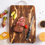 Tábua de corte de madeira de acácia premium com bloco de açougueiro de grão final com esteiras de borracha antiderrapantes e alça de aço inoxidável para cozinha