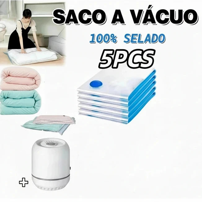 Kit Saco a Vácuo para Roupas 5 Peças + Bomba de Extração de Ar