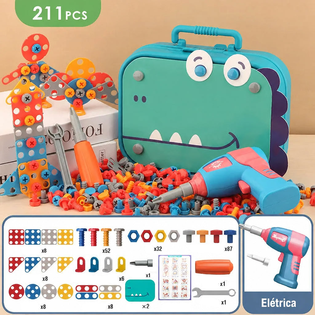 Kit de Ferramentas Infantil com Furadeira Elétrica e Dinossauro para Montar