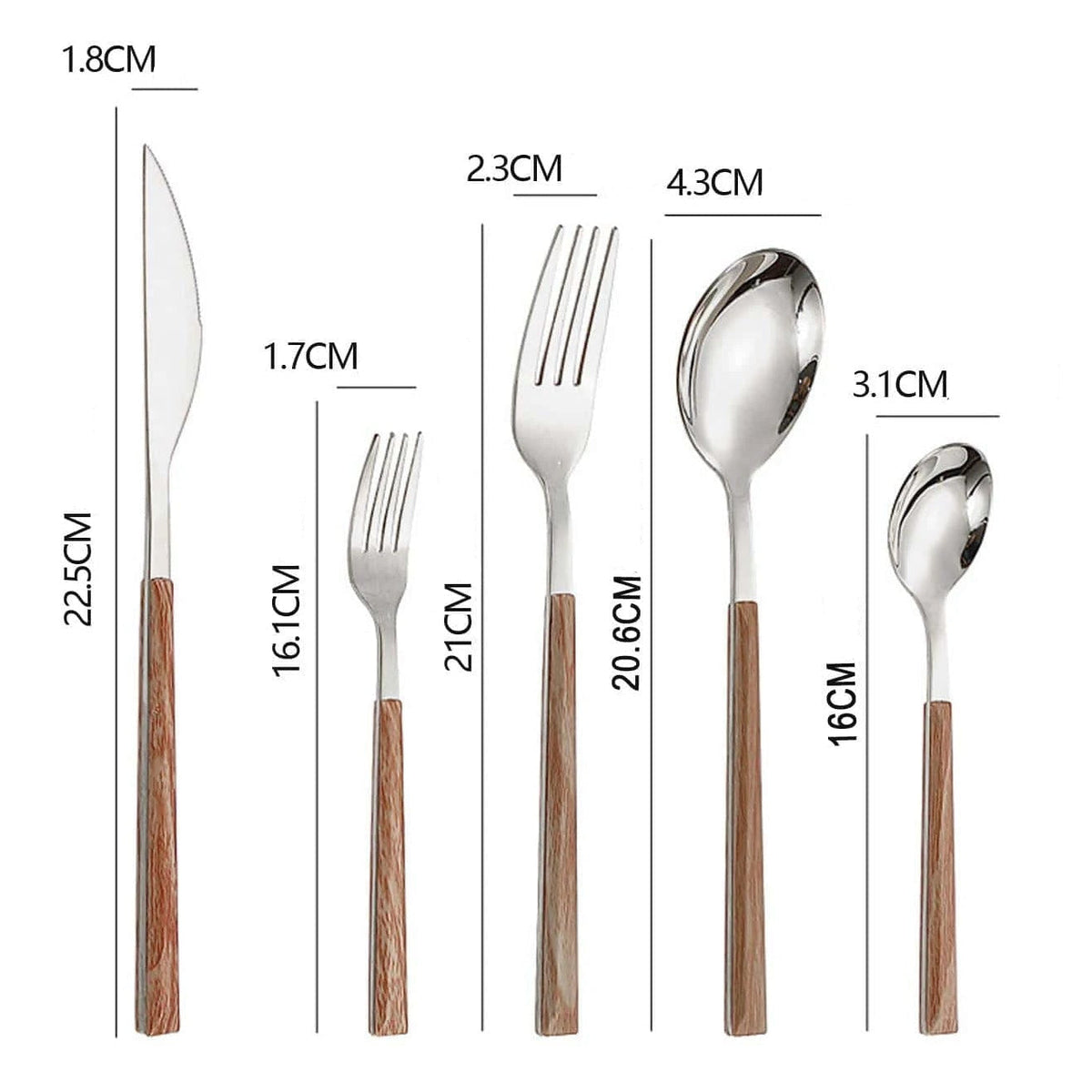 Faqueiro Luxo em Aço Inoxidável Dourado e Prata com Cabo de Madeira 5 ou 10Pcs