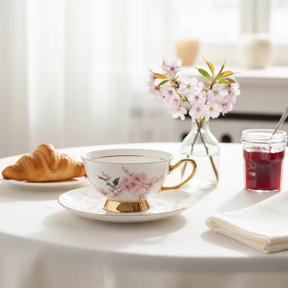 Conjunto de Xícara de Café em Porcelana com Pires Floral e Borboleta - 220ml