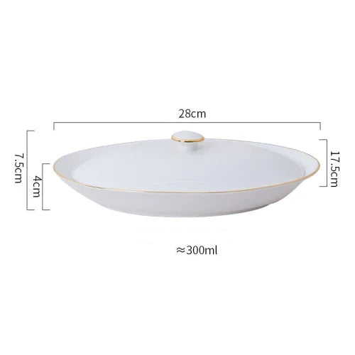Travessa Oval de Cerâmica Luxo com Tampa e Acabamento Dourado Elegante