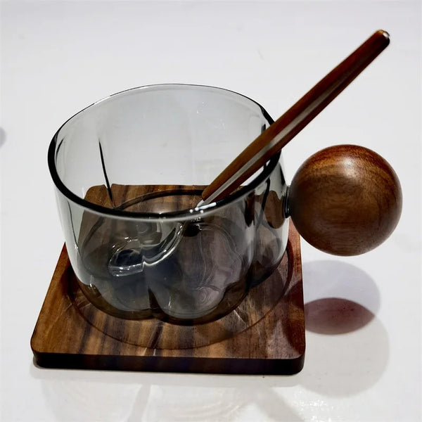 Caneca com Alça + Pires e Colher de Madeira - 200ml
