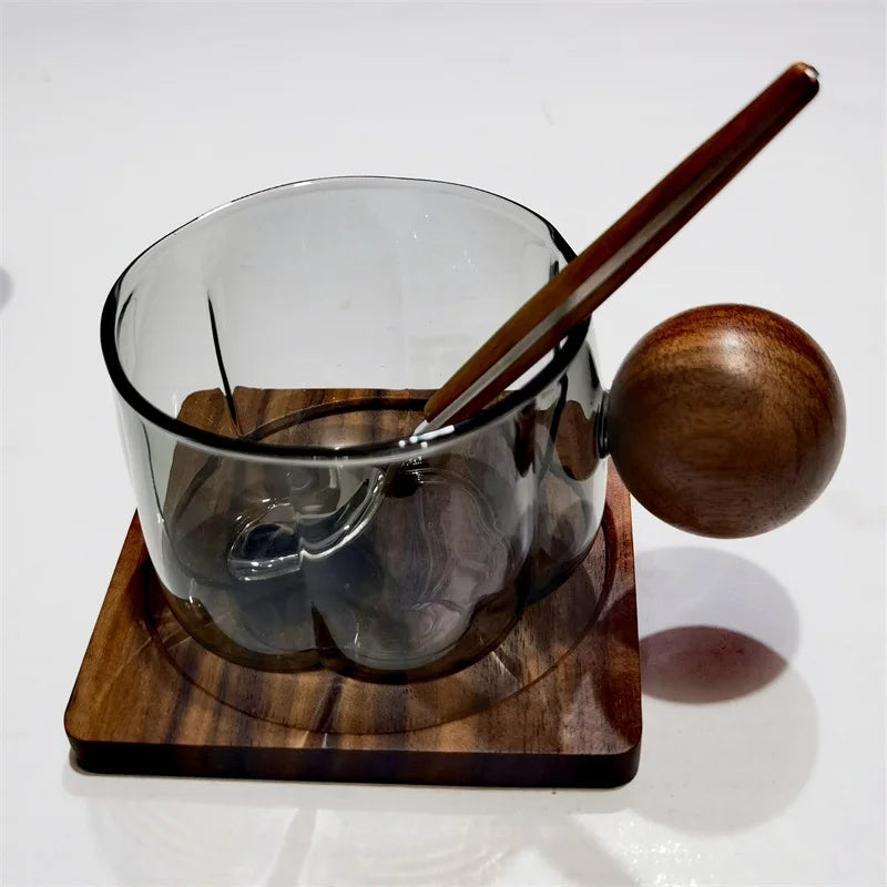 Caneca com Alça + Pires e Colher de Madeira - 200ml