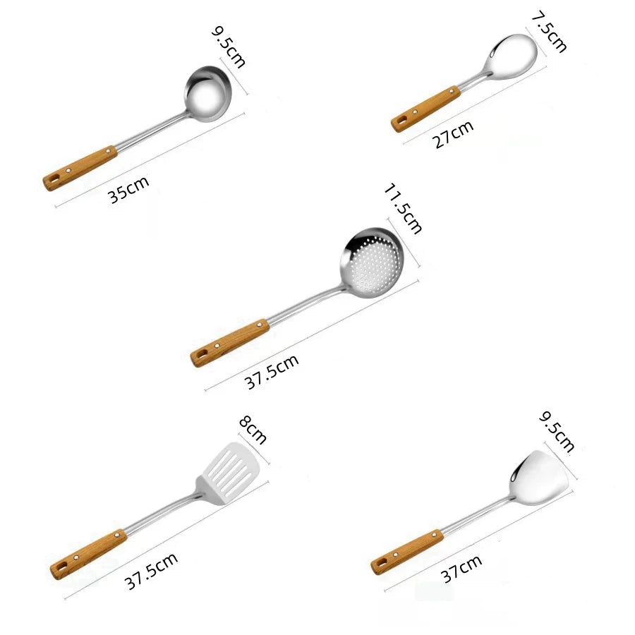 Conjunto de Utensílios de Cozinha Prata em Aço Inox com Cabo de Madeira