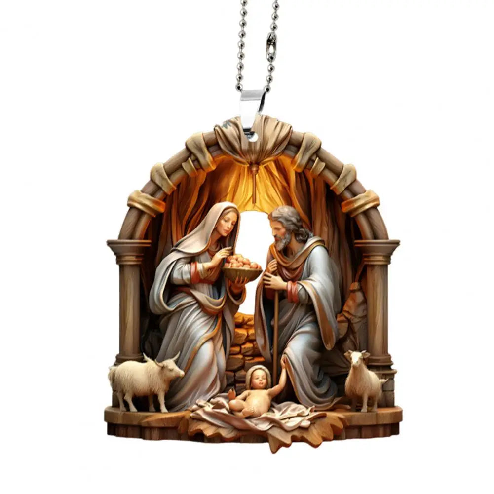 Pingente de natal ornamento jesus família cena de oração pingente brilhante colorido símbolo religioso natividade pingente para casa carro
