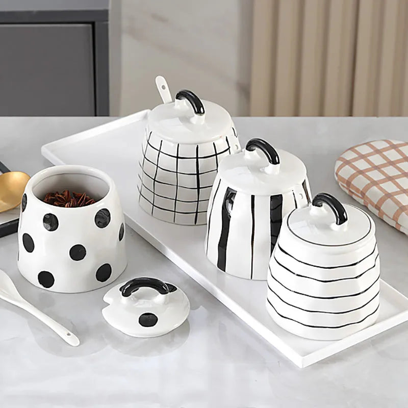 Kit Porta Temperos em Cerâmica Europeia Listrado Preto e Branco