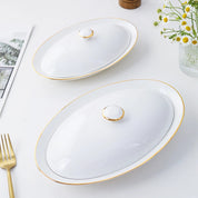 Travessa Oval de Cerâmica Luxo com Tampa e Acabamento Dourado Elegante